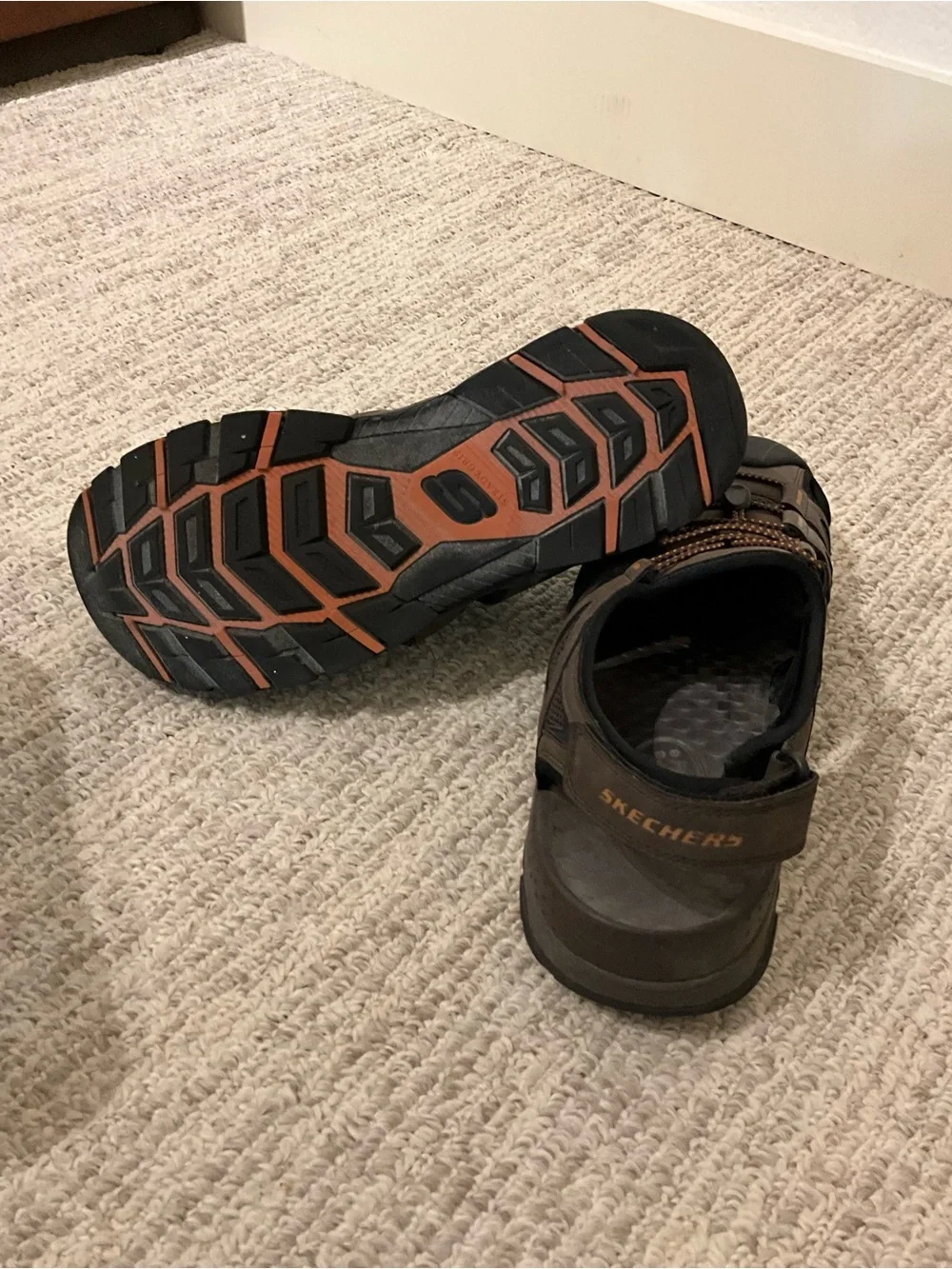 Skechers Men’s Brown and Black Outdoor Sport Sandals with Orange Accents